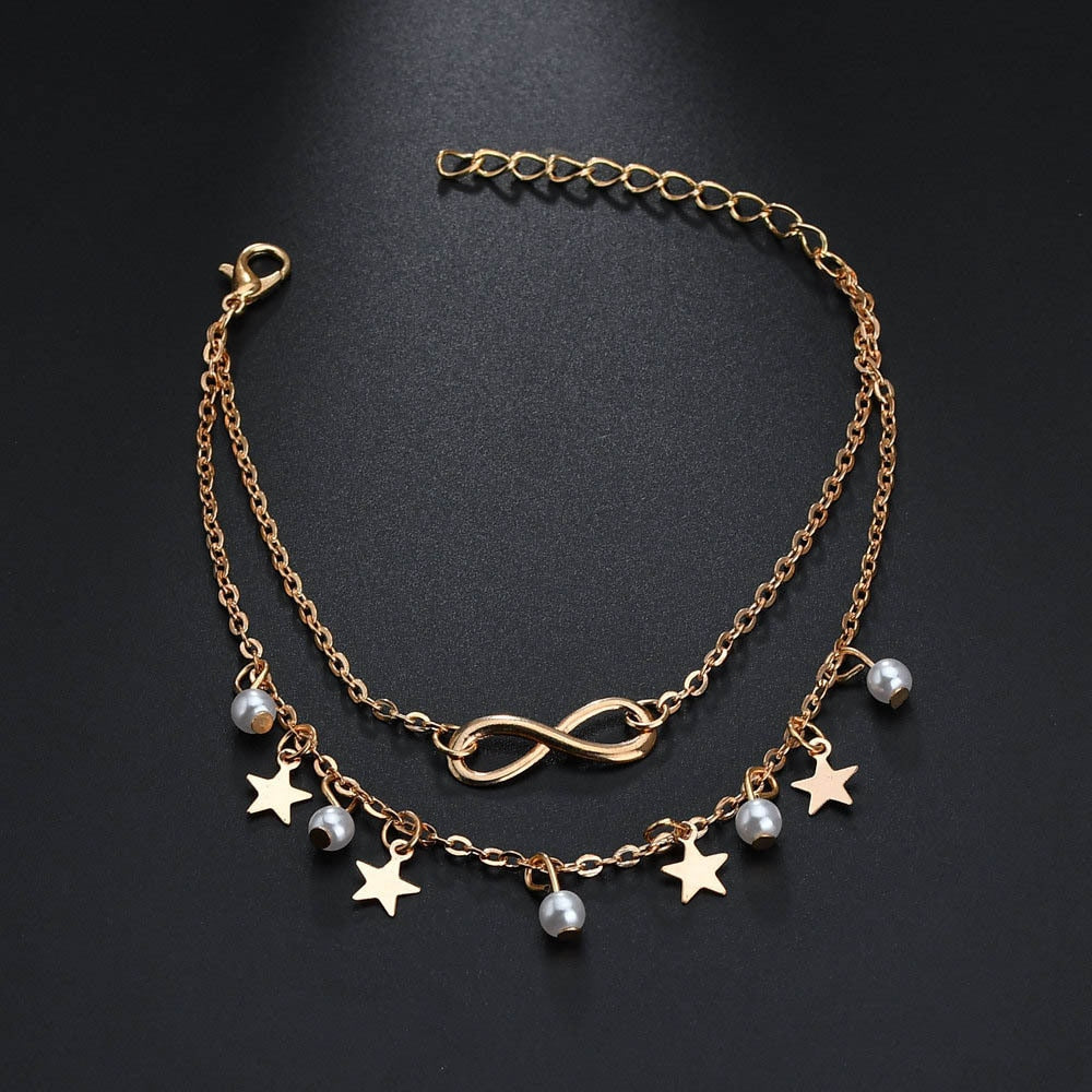 Simple Tassel Double Star Pearl 8 Word Female Anklet Bracelet