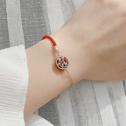 Gift Round Red Natural Agate Chinese Tiger 925 Sterling Silver Bracelet