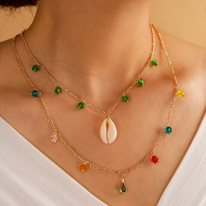 Docona Boho Water Drop Colorful Crystal Pendant Multilayer Necklace for Women