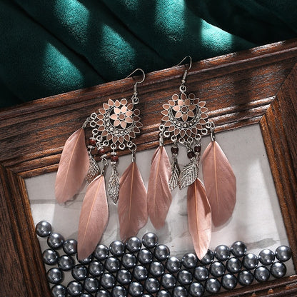 Faux Feather Fringe Tassel Long Drop Bohemian Earrings Jewelry for Women