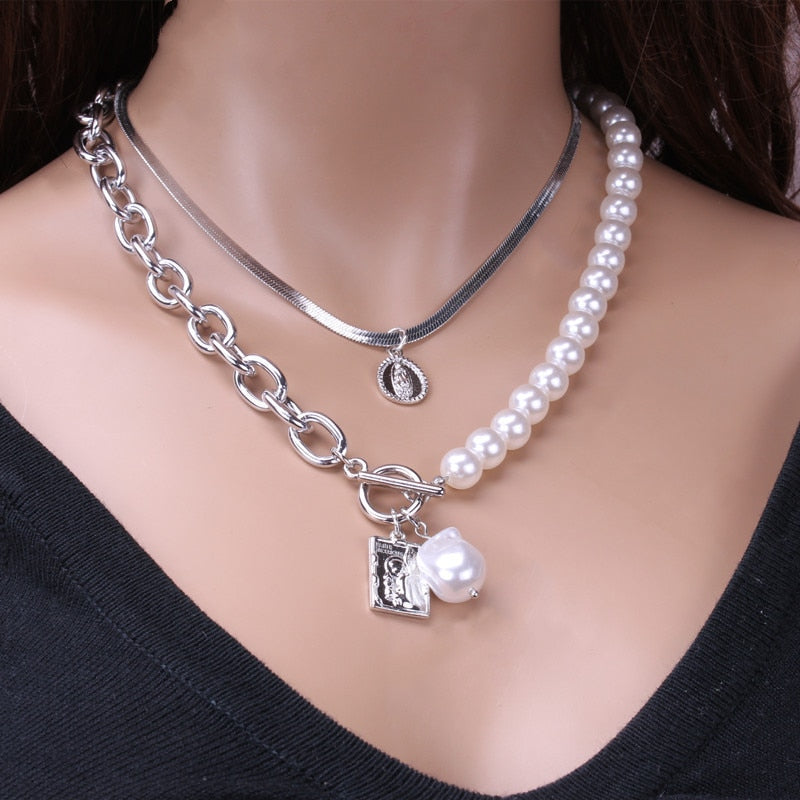 Pearl Necklace For Women Baroque Pearl Metal Pendant Jewelry