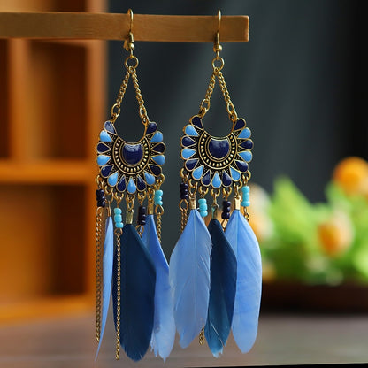 Faux Feather Fringe Tassel Long Drop Bohemian Earrings Jewelry for Women