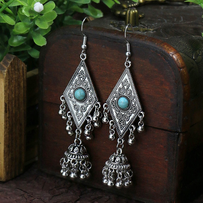 Bohemian Tassel Drop Long Vintage Earrings Green Stone Style  for Women