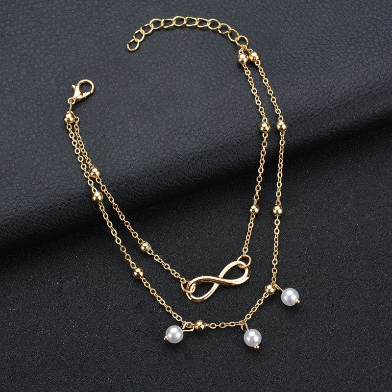 2PCS Pearl Heart Infinity Bohemian Ankle Bracelet Set