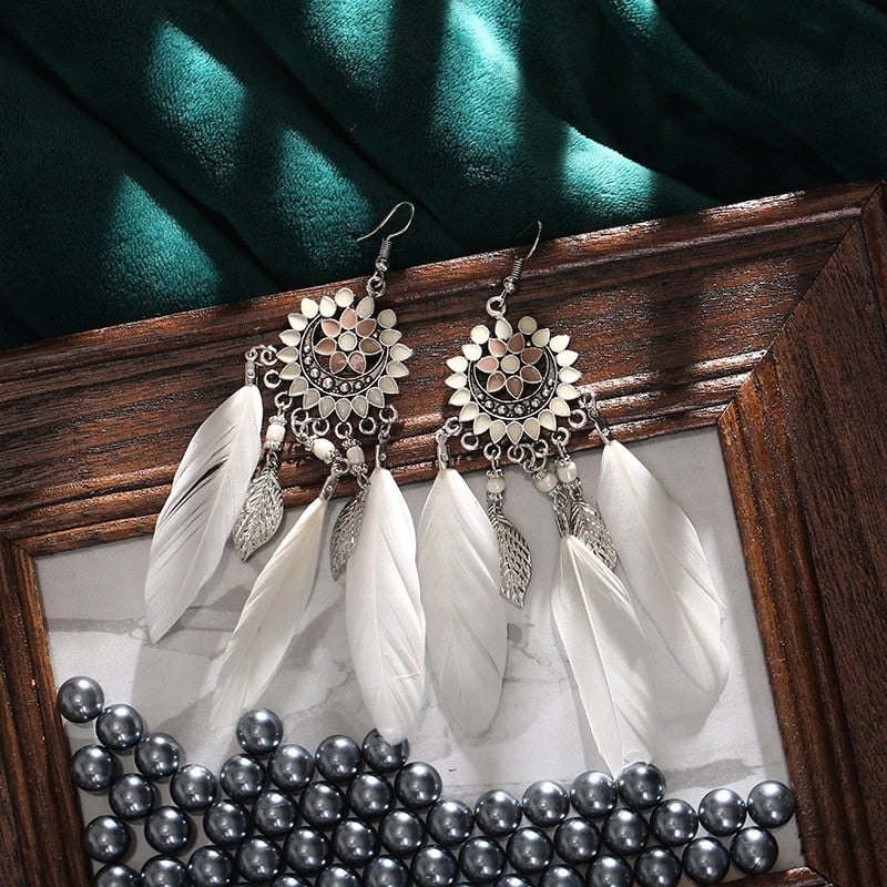 Faux Feather Fringe Tassel Long Drop Bohemian Earrings Jewelry for Women