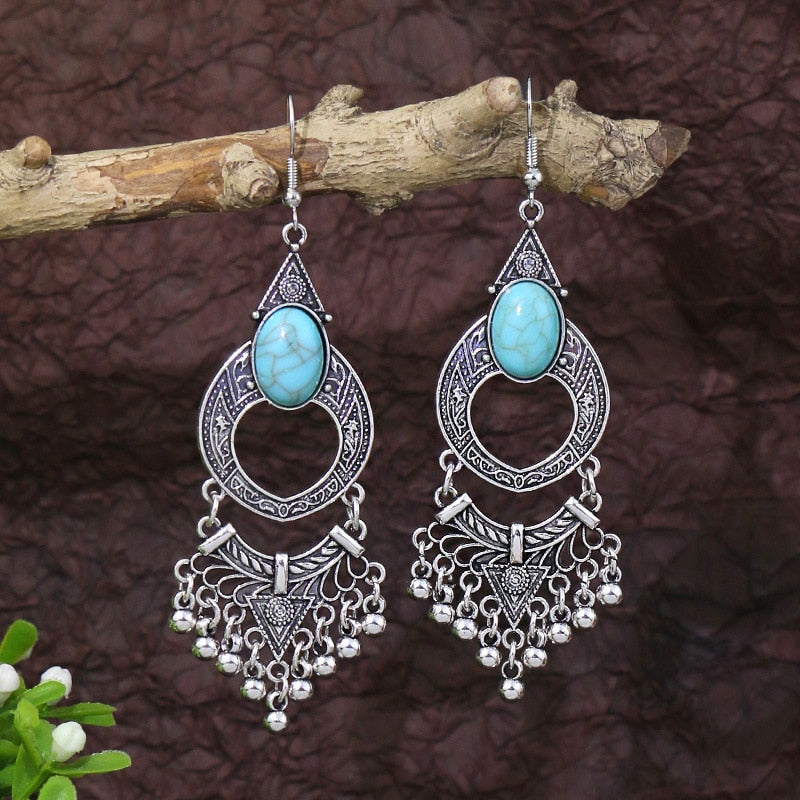 Bohemian Tassel Drop Long Vintage Earrings Green Stone Style  for Women