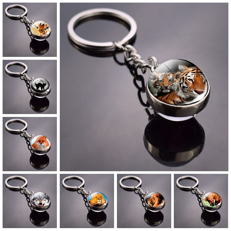 Animal Keychain Double Side Glass Ball Keyring