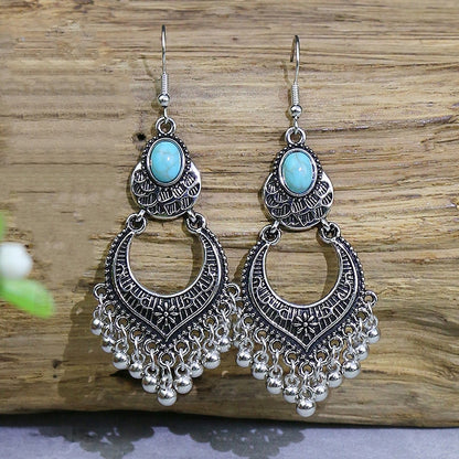 Bohemian Tassel Drop Long Vintage Earrings Green Stone Style  for Women