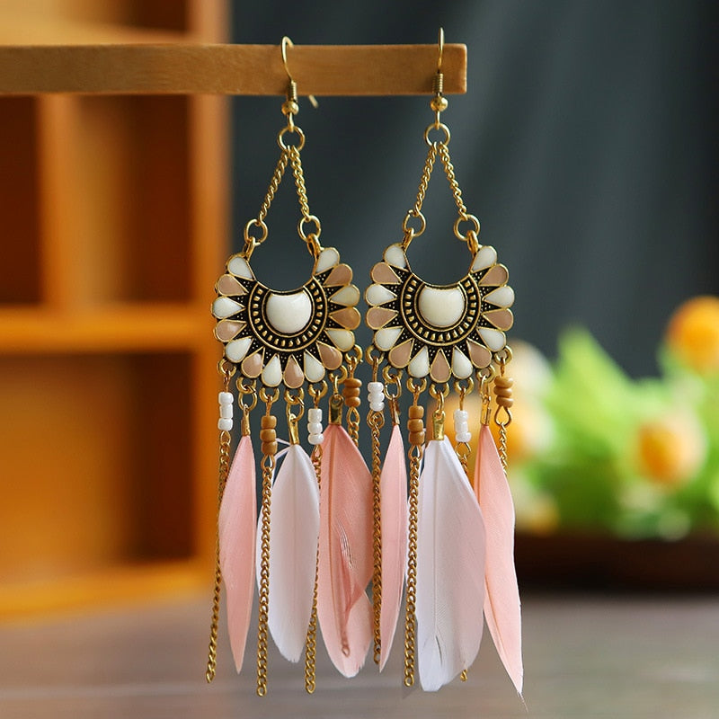 Faux Feather Fringe Tassel Long Drop Bohemian Earrings Jewelry for Women