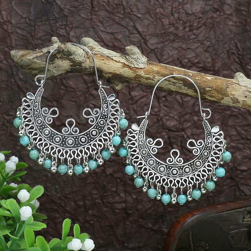 Bohemian Tassel Drop Long Vintage Earrings Green Stone Style  for Women