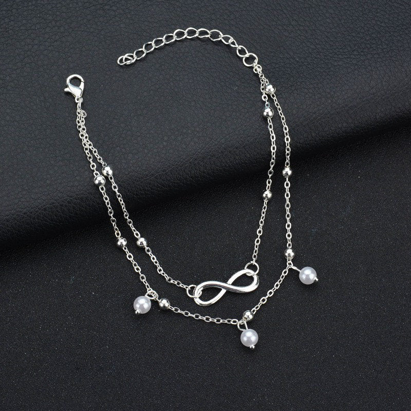 2PCS Pearl Heart Infinity Bohemian Ankle Bracelet Set