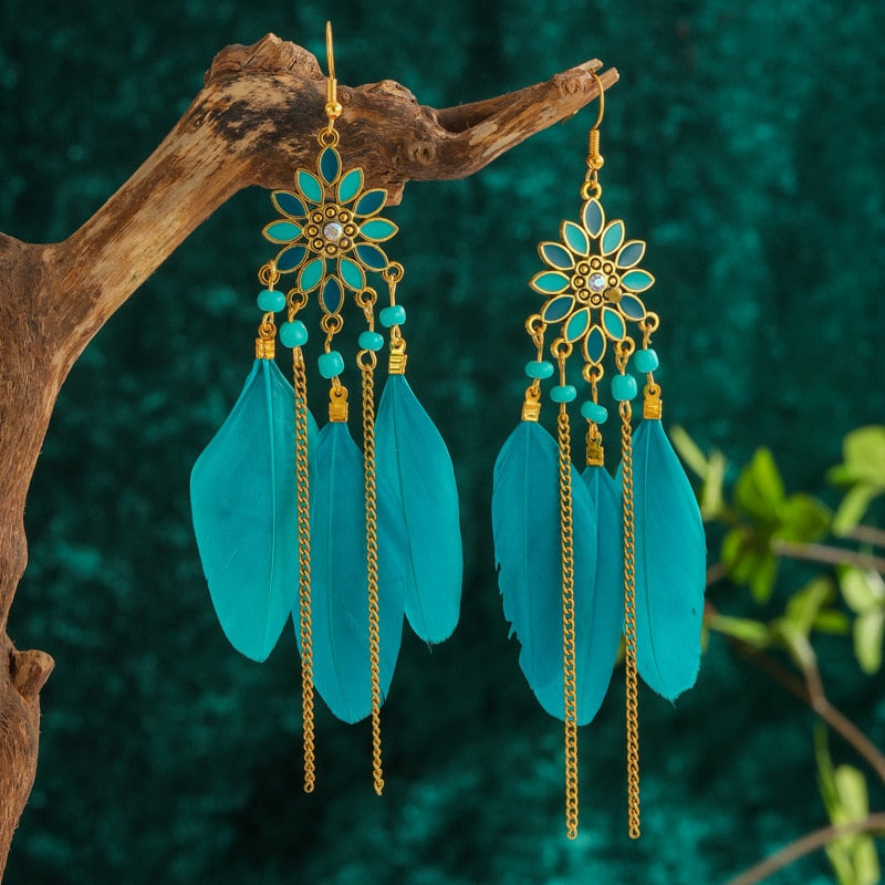 Faux Feather Fringe Tassel Long Drop Bohemian Earrings Jewelry for Women