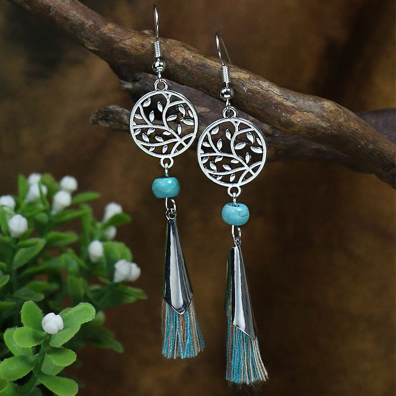 Tassel Long Drop Green Stone Earrings 