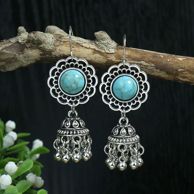 Bohemian Tassel Drop Long Vintage Earrings Green Stone Style  for Women