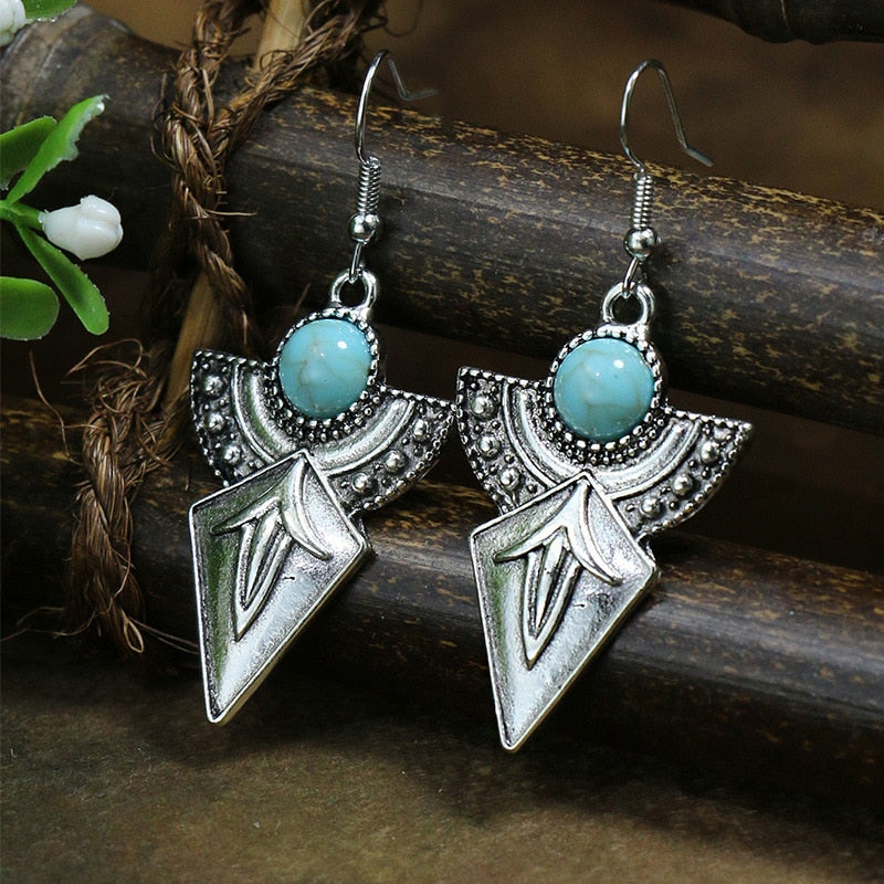 Bohemian Tassel Drop Long Vintage Earrings Green Stone Style  for Women