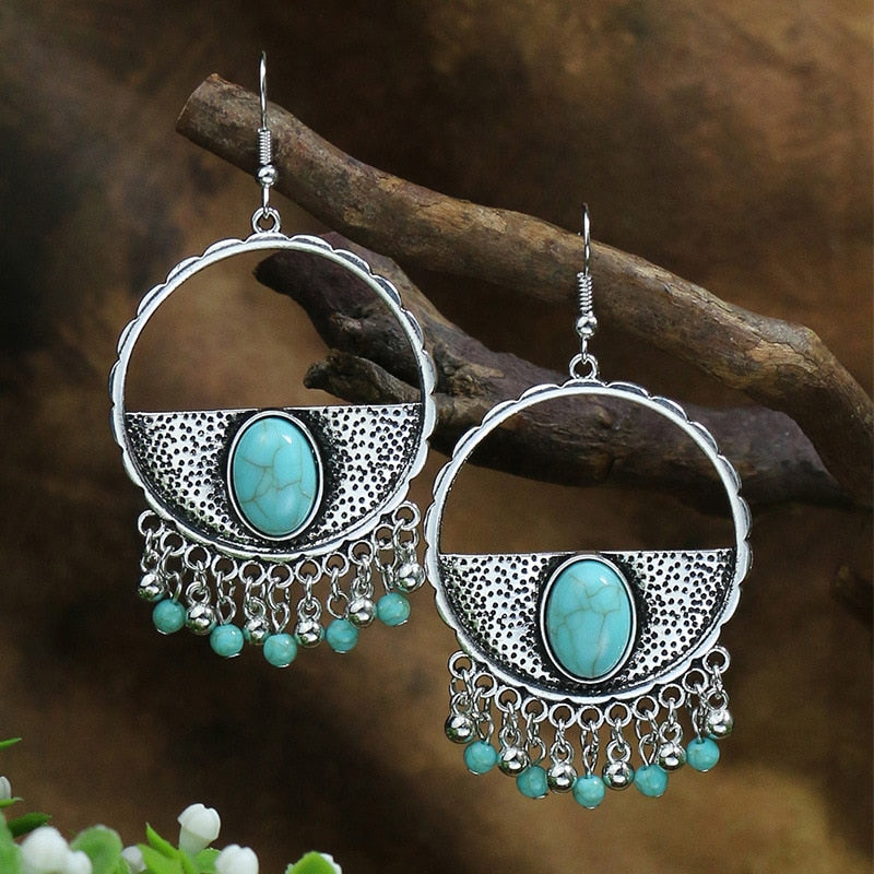 Bohemian Tassel Drop Long Vintage Earrings Green Stone Style  for Women