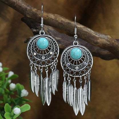 Bohemian Tassel Drop Long Vintage Earrings Green Stone Style  for Women