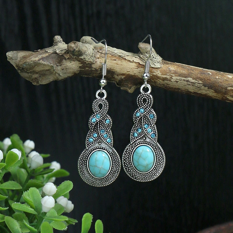 Bohemian Tassel Drop Long Vintage Earrings Green Stone Style  for Women