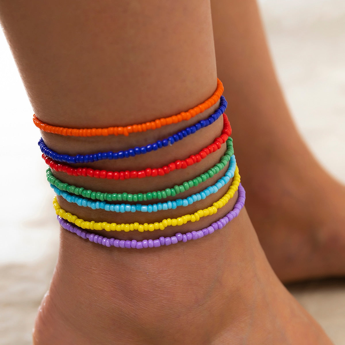 7Pcs/Set Rainbow Beaded Anklet Bracelet for Women