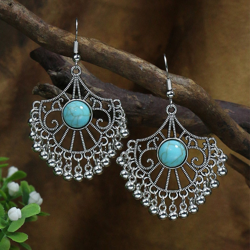 Tassel Long Drop Green Stone Earrings 