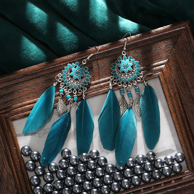 Faux Feather Fringe Tassel Long Drop Bohemian Earrings Jewelry for Women