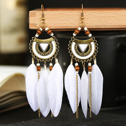 Faux Feather Fringe Tassel Long Drop Bohemian Earrings Jewelry for Women