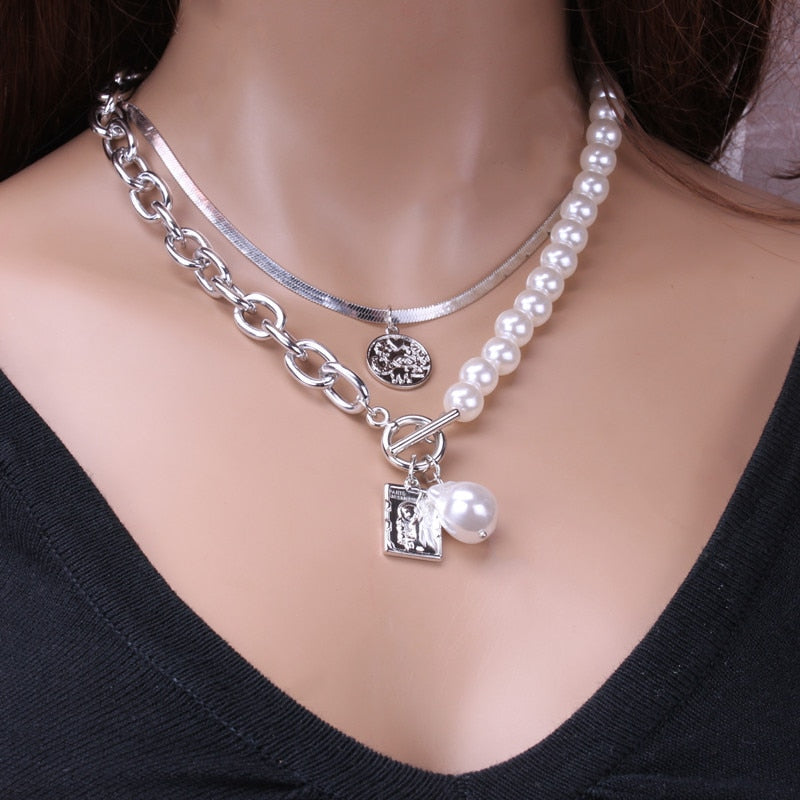 Pearl Necklace For Women Baroque Pearl Metal Pendant Jewelry