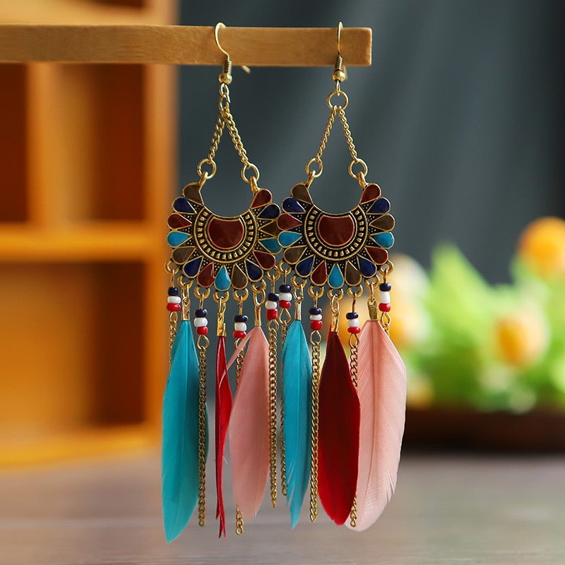 Faux Feather Fringe Tassel Long Drop Bohemian Earrings