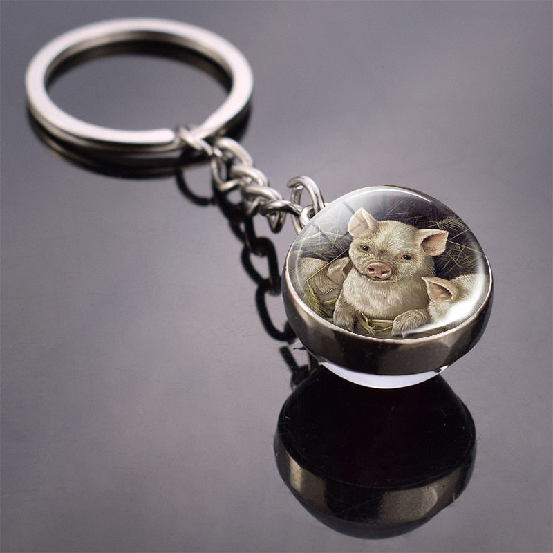 Animal Keychain Double Side Glass Ball Keyring