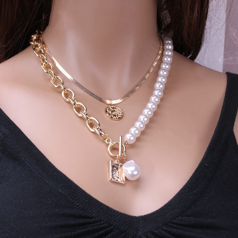 Pearl Necklace For Women Baroque Pearl Metal Pendant Jewelry