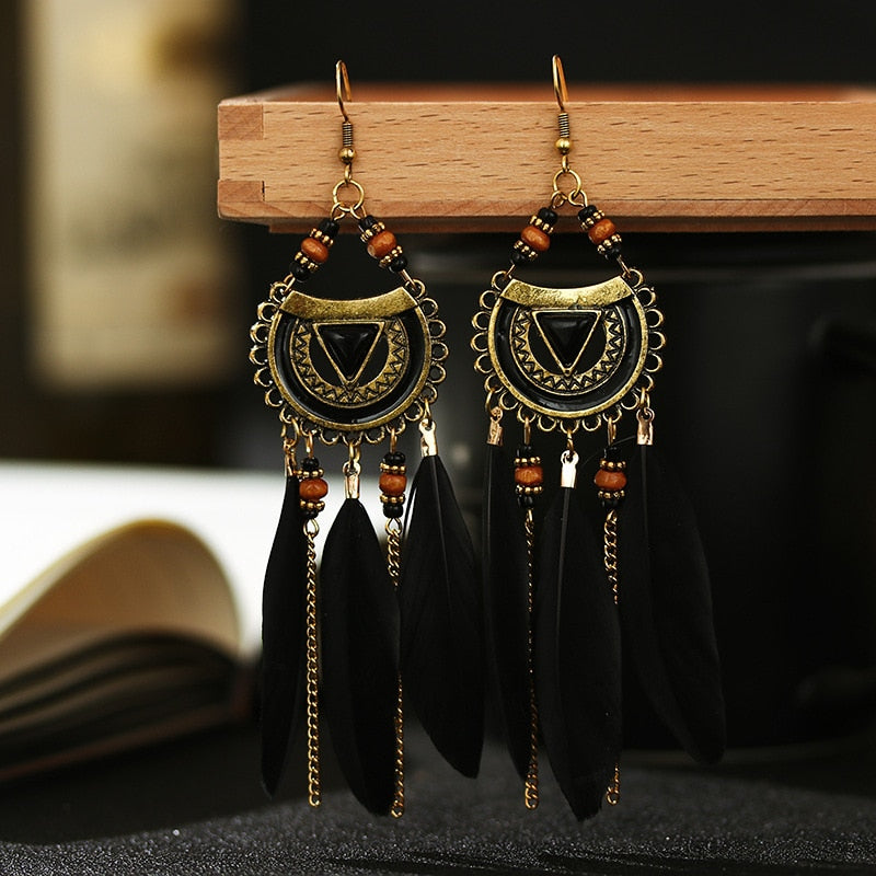 Faux Feather Fringe Tassel Long Drop Bohemian Earrings Jewelry for Women