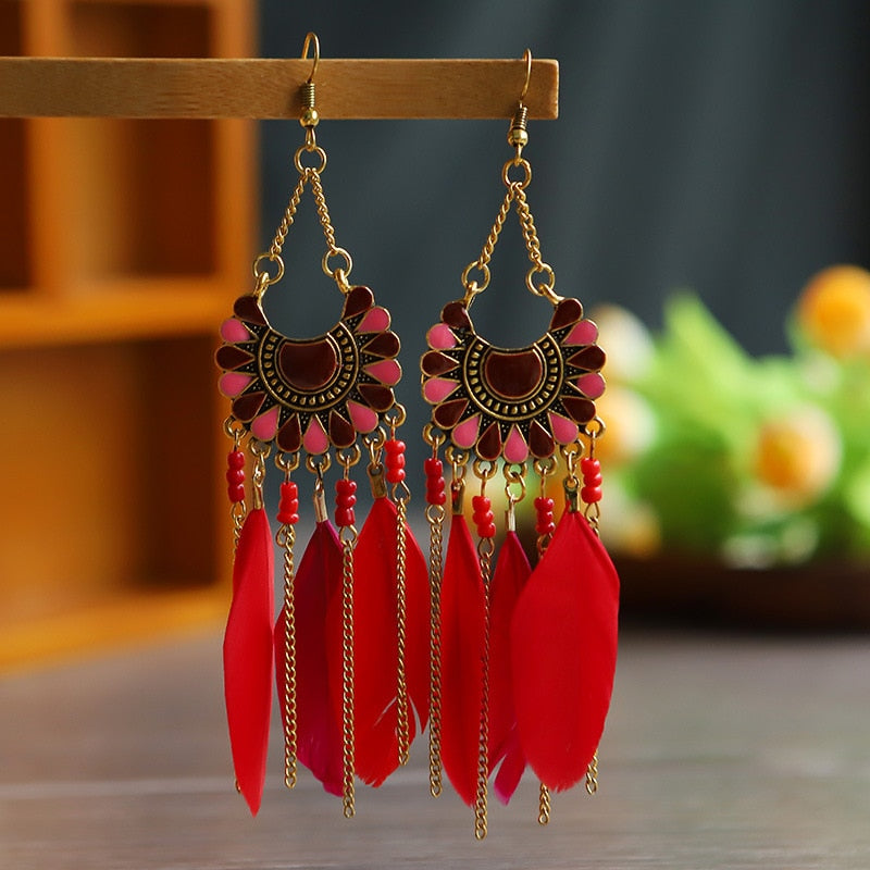 Faux Feather Fringe Tassel Long Drop Bohemian Earrings Jewelry for Women