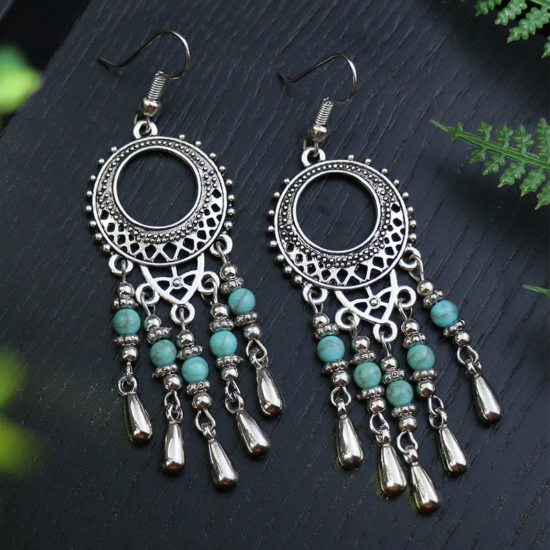 Bohemian Tassel Drop Long Vintage Earrings Green Stone Style  for Women