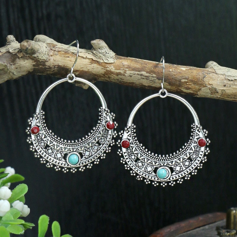 Bohemian Tassel Drop Long Vintage Earrings Green Stone Style  for Women