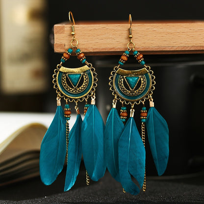 Faux Feather Fringe Tassel Long Drop Bohemian Earrings Jewelry for Women