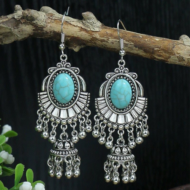 Bohemian Tassel Drop Long Vintage Earrings Green Stone Style  for Women