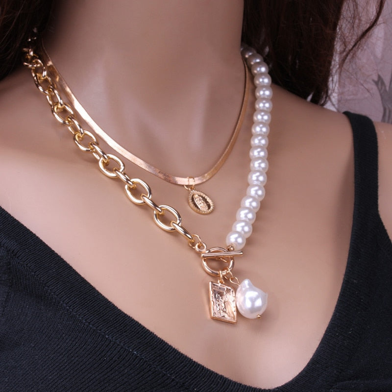 Pearl Necklace For Women Baroque Pearl Metal Pendant Jewelry