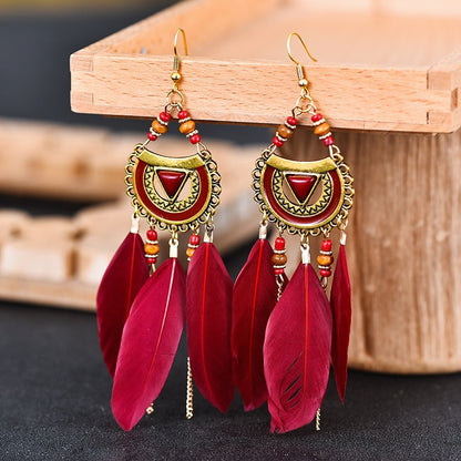 Faux Feather Fringe Tassel Long Drop Bohemian Earrings Jewelry for Women