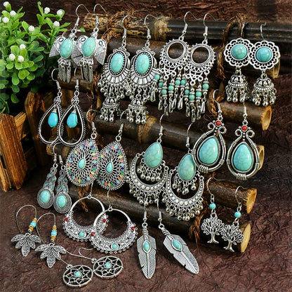 Bohemian Tassel Drop Long Vintage Earrings Green Stone Style  for Women