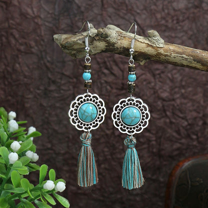 Bohemian Tassel Drop Long Vintage Earrings Green Stone Style  for Women