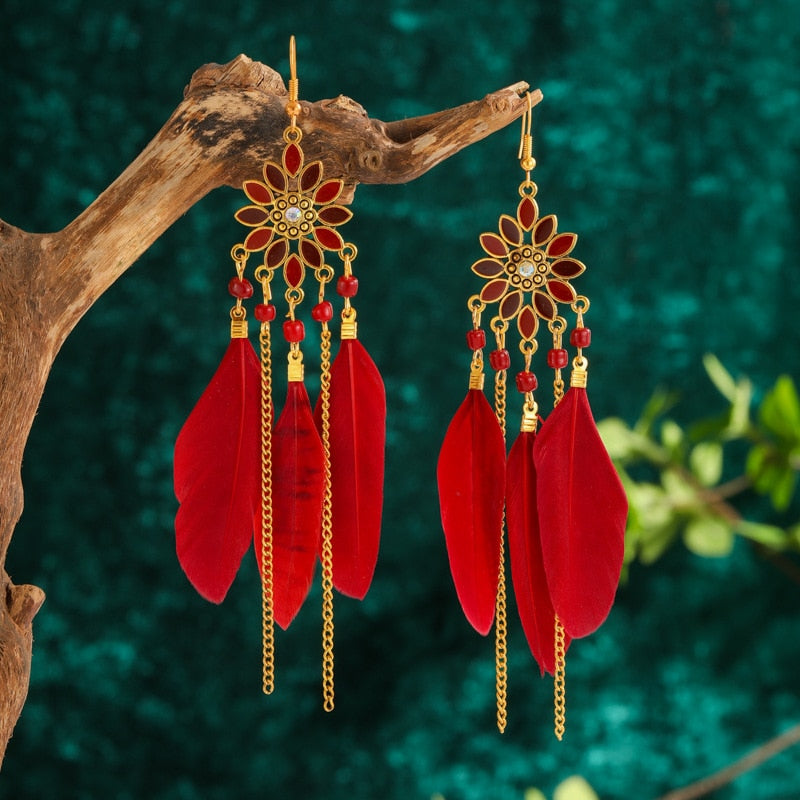 Faux Feather Fringe Tassel Long Drop Bohemian Earrings