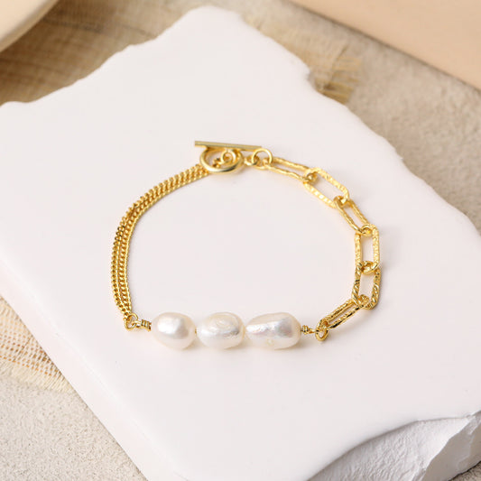 Asymmetry Hollow Chain Baroque Natural Pearl 925 Sterling Silver Bracelet